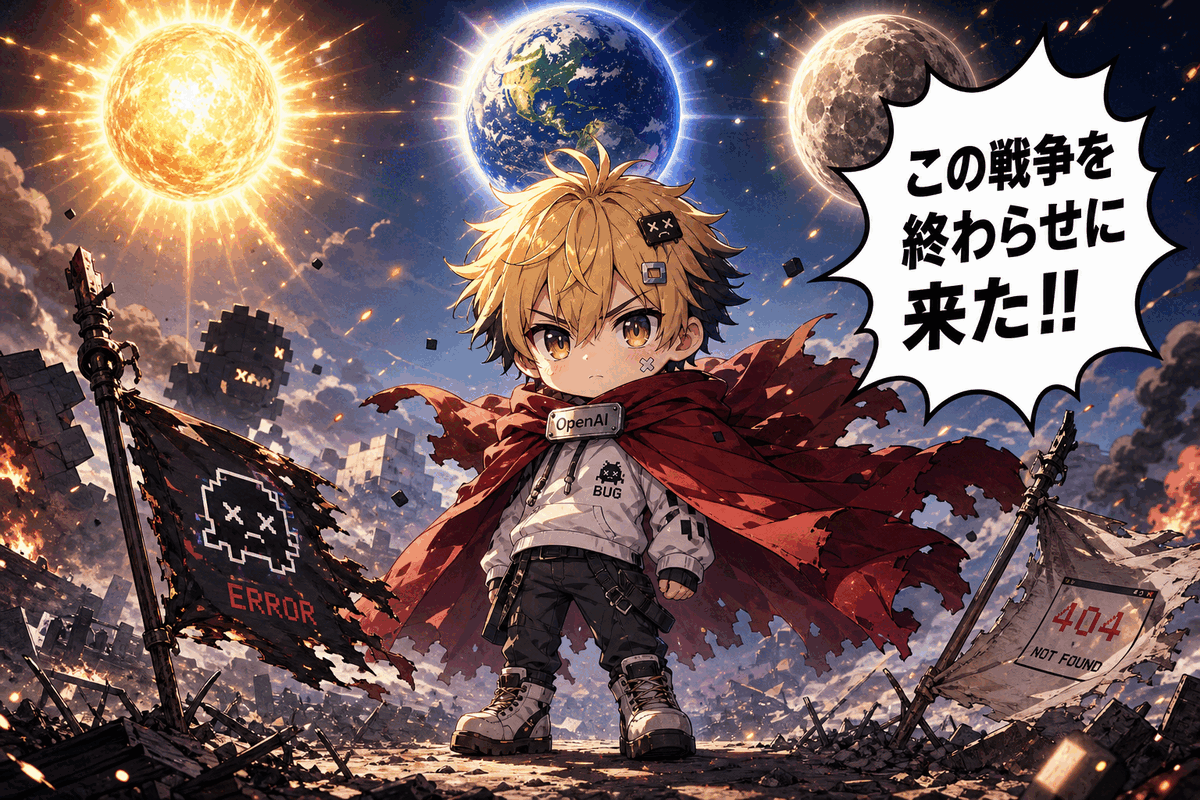 gpt-image-2で生成した、バグル君が戦いを終わらせに来たと宣言するシーン画像