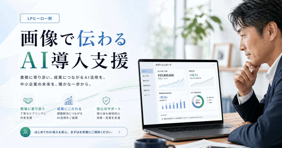 AI導入支援サービスのLPヒーロー画像例